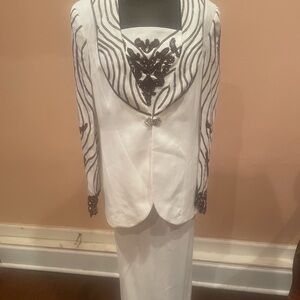 Elegant 3 - piece skirt suit. Off white and chocolate Embroidered Suit